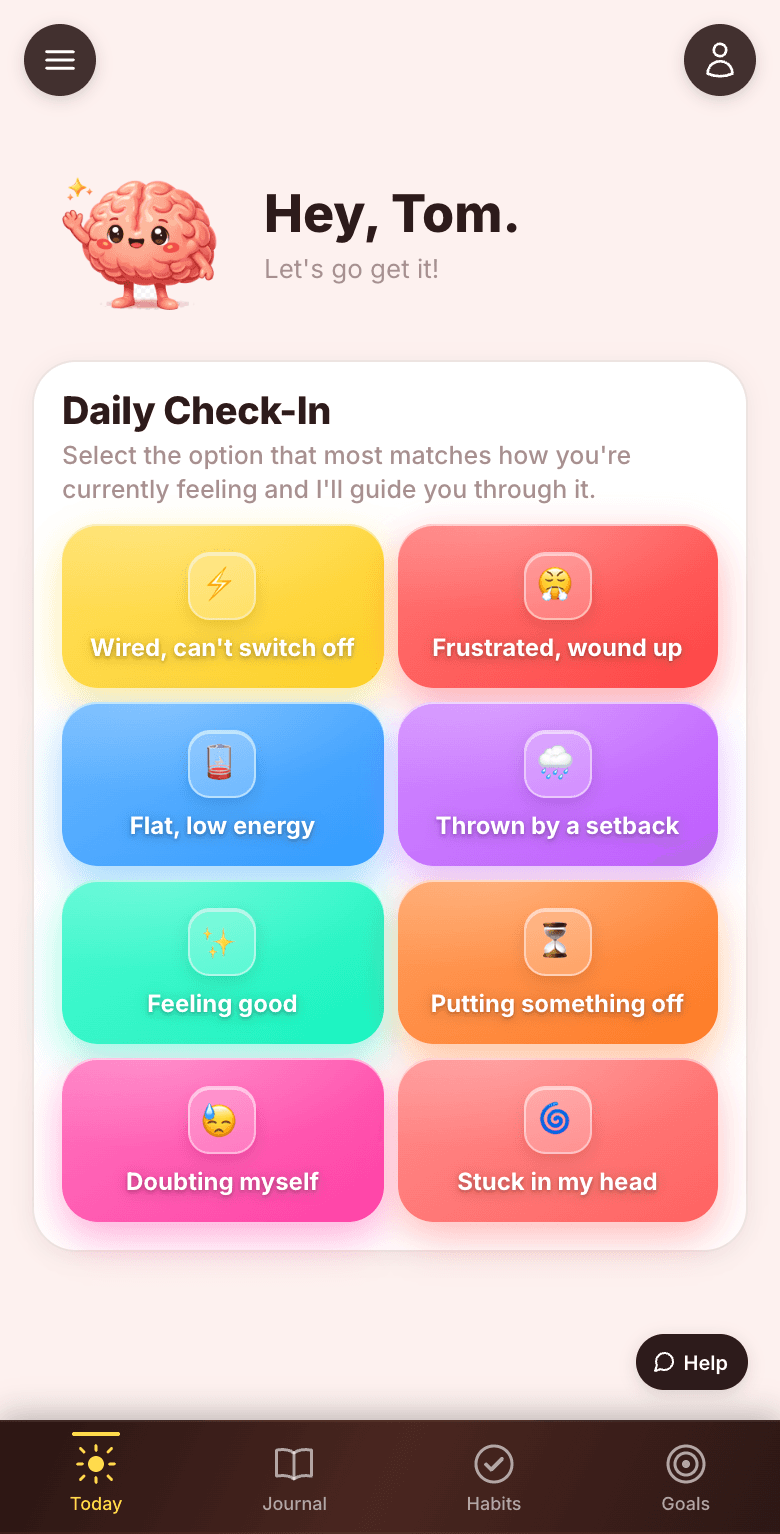 The Mindset Morph home screen, showing the daily check-in