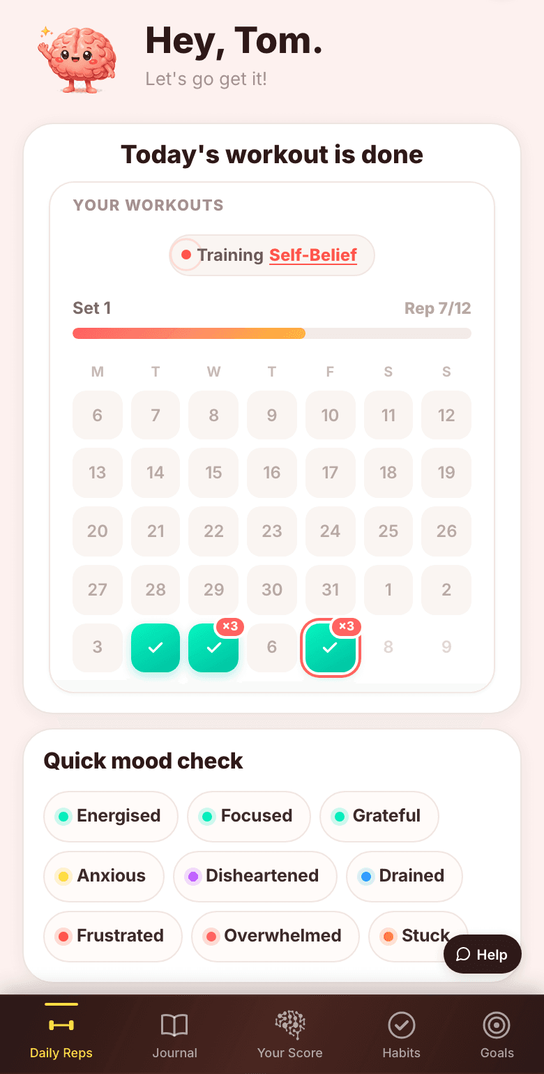 A daily Mental Workout, showing a reflection, one move to try, and a message from Coach Morph
